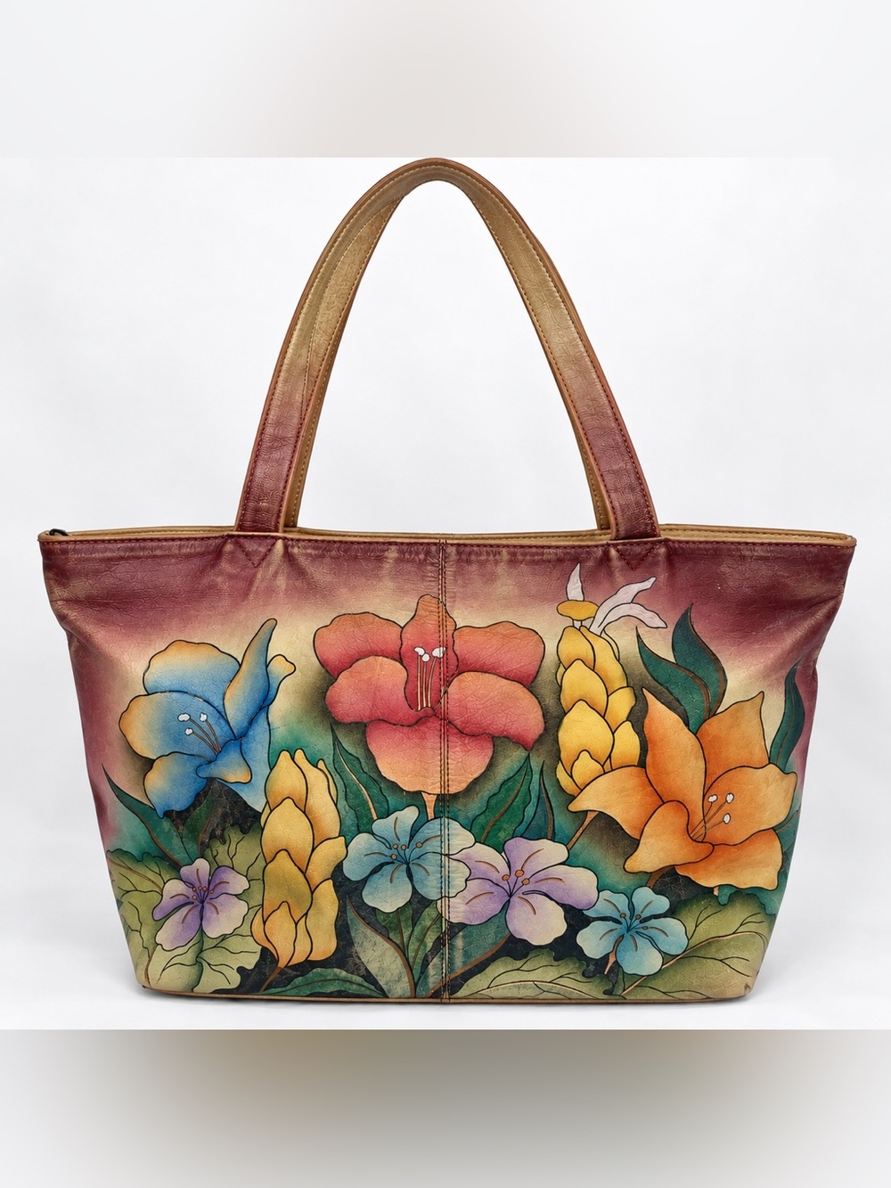 Anuschka Hand Painted Leather Floral Tote Shoulder Bag 16” Colorful Boho Purse